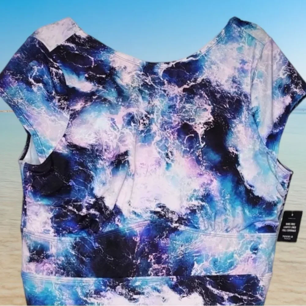 Torrid Blue Ocean Waves Active Wireless Scoop Back One Piece Swimsuit NEW - Picture 6 of 14